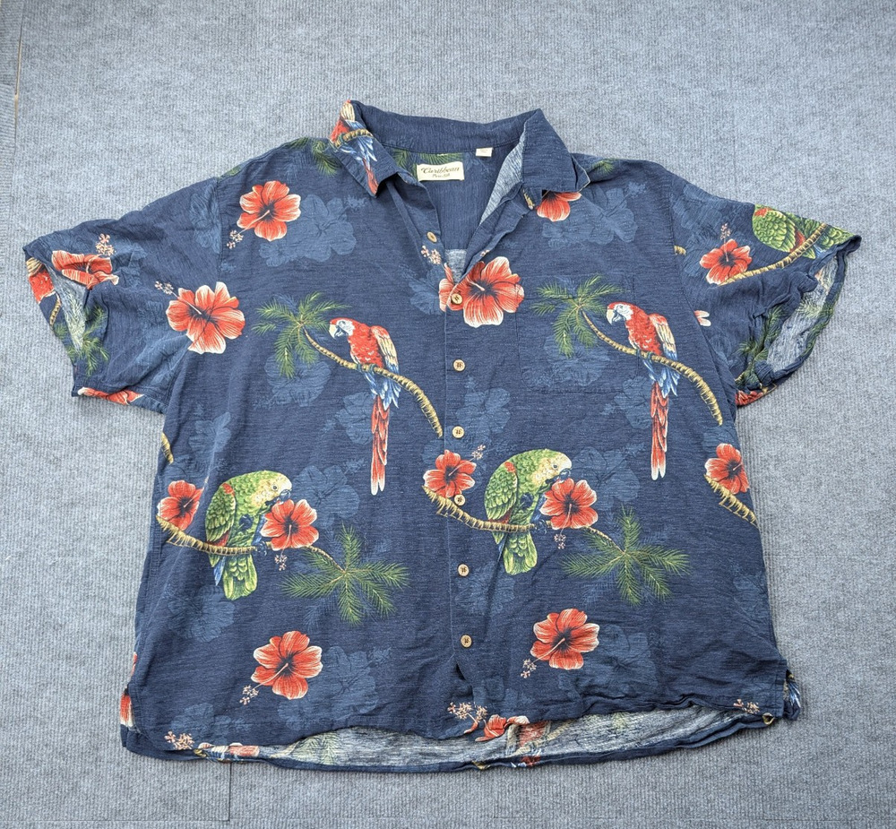 Caribbean Hawaiian Shirt Mens 3XB Silk Tropical Vacation Coastal Beach Parrot